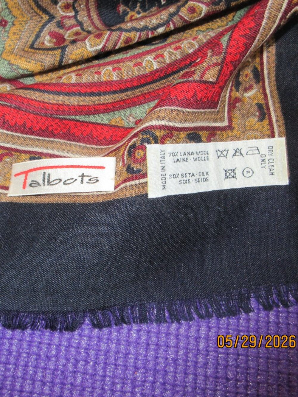 VNTG~SIGNED~TALBOTS LRG 70% WOOL & 30% SILK PAISLEY STYLE LARGE~56" MADE~ITALY